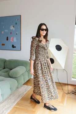 Harper Shirred Midi Dress (Leopard)