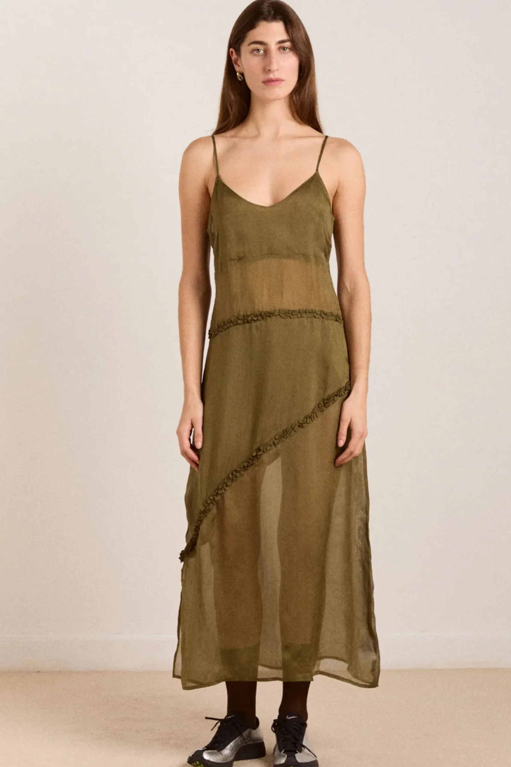Sasha Ruffle Slip Dress (Sheer Olive)