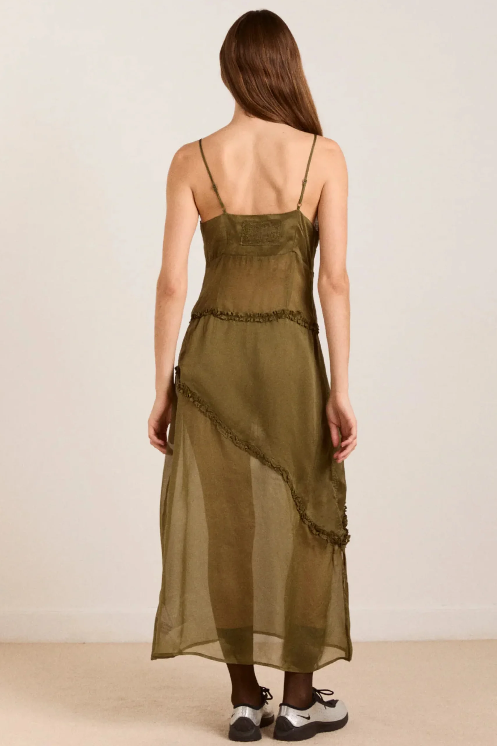Sasha Ruffle Slip Dress (Sheer Olive)