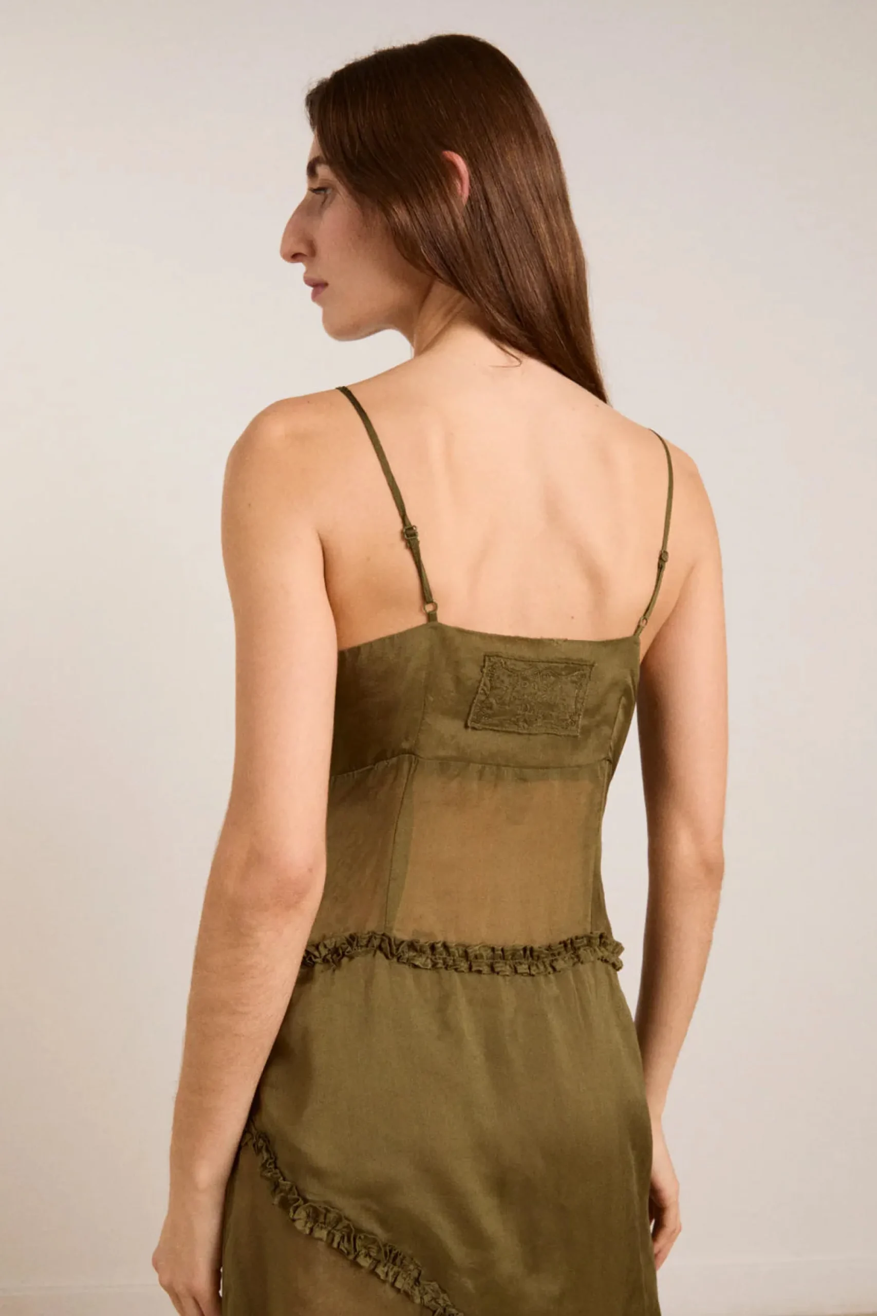 Sasha Ruffle Slip Dress (Sheer Olive)