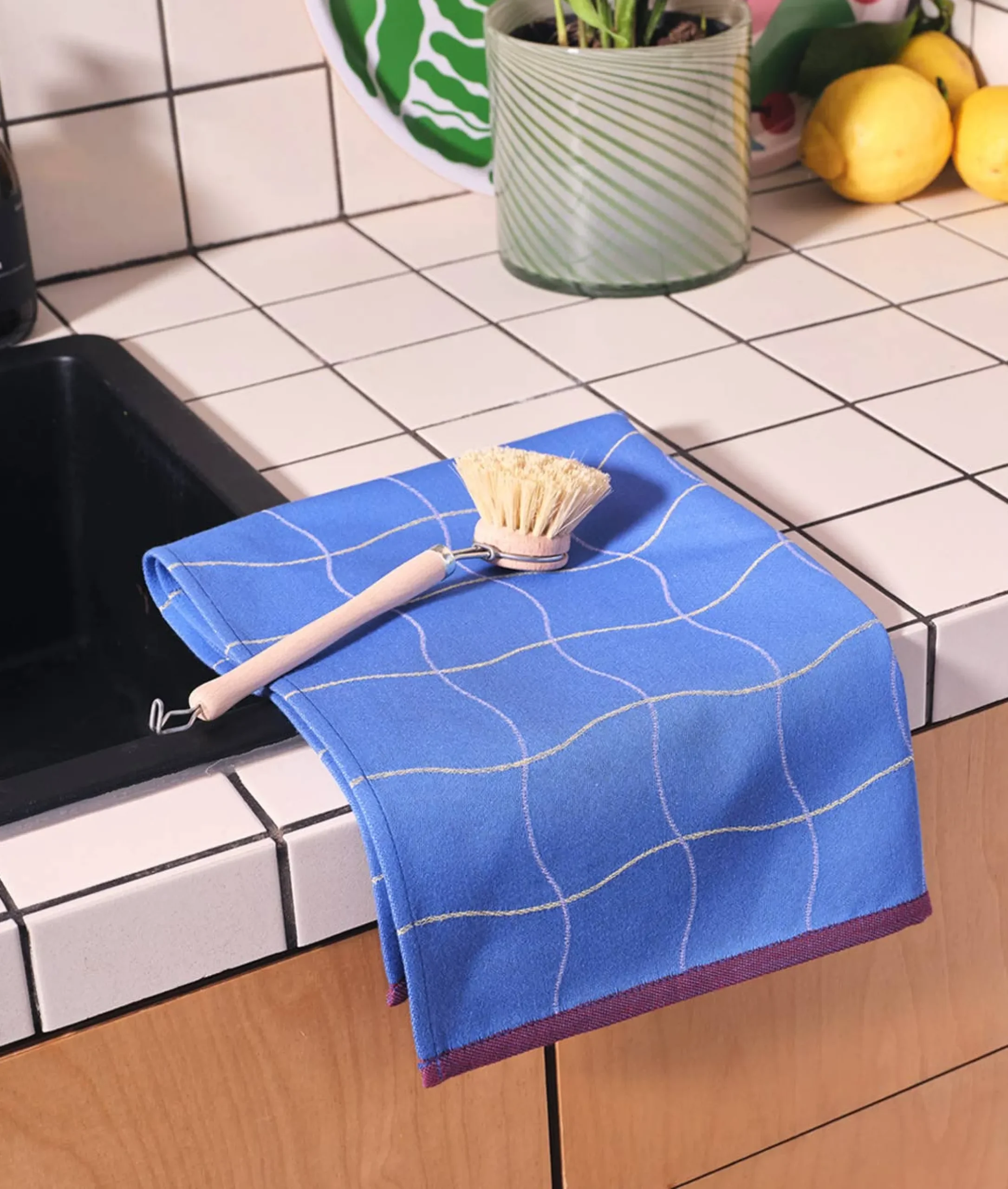 Wave Grid Woven Cotton Tea Towel (Blue)